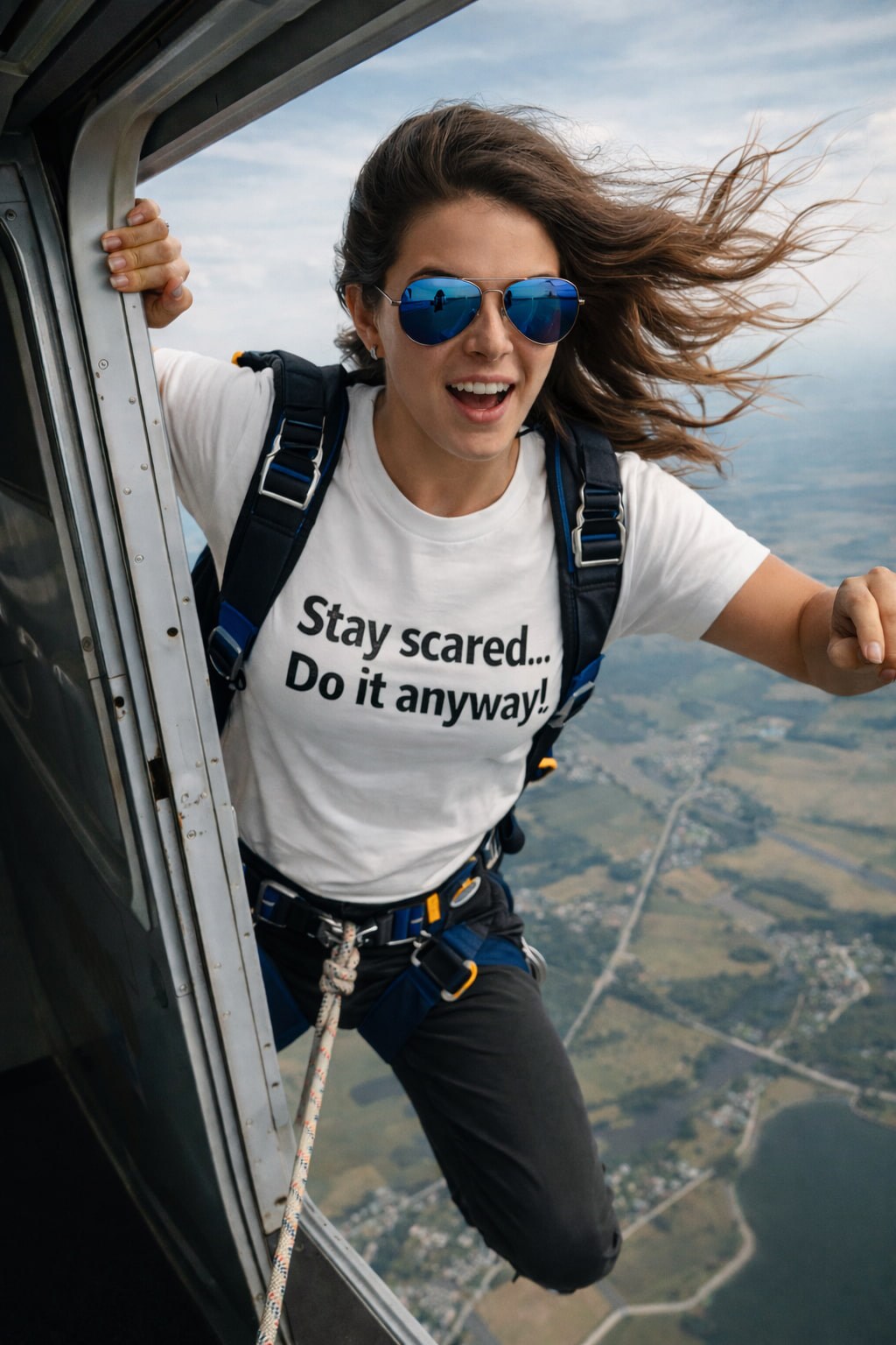 Inspirational TtCAD shirt: Stay scared. Do it anyway! slogan; a perfect motivational gift idea for an extreme sports lover or a skydiver