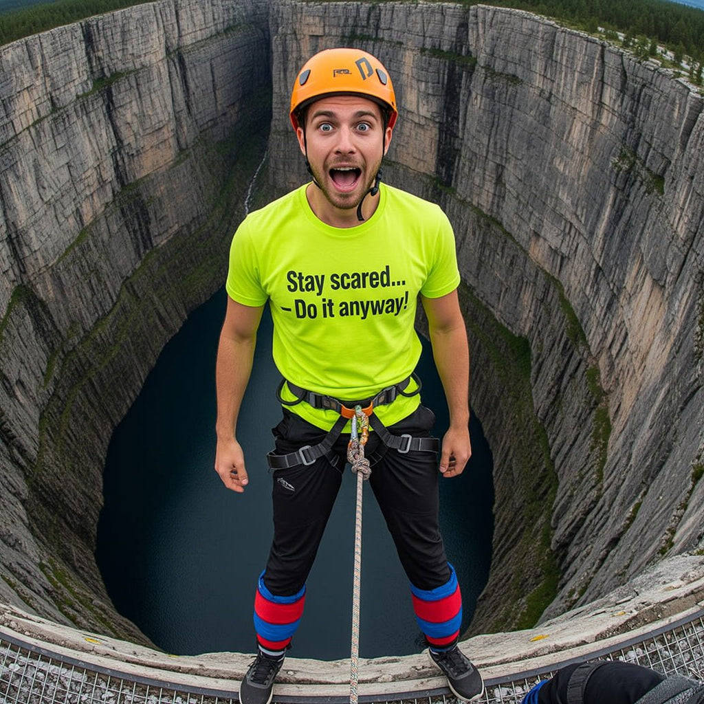 Overcoming fear: man in Stay scared. Do it anyway! neon shirt; unique gift for a climber or someone facing new challenges in life