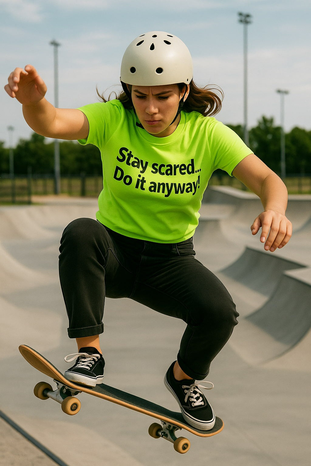 Urban action style: Stay scared. Do it anyway! shirt worn by a skater; creative birthday gift for a teenager or an athlete who never gives up