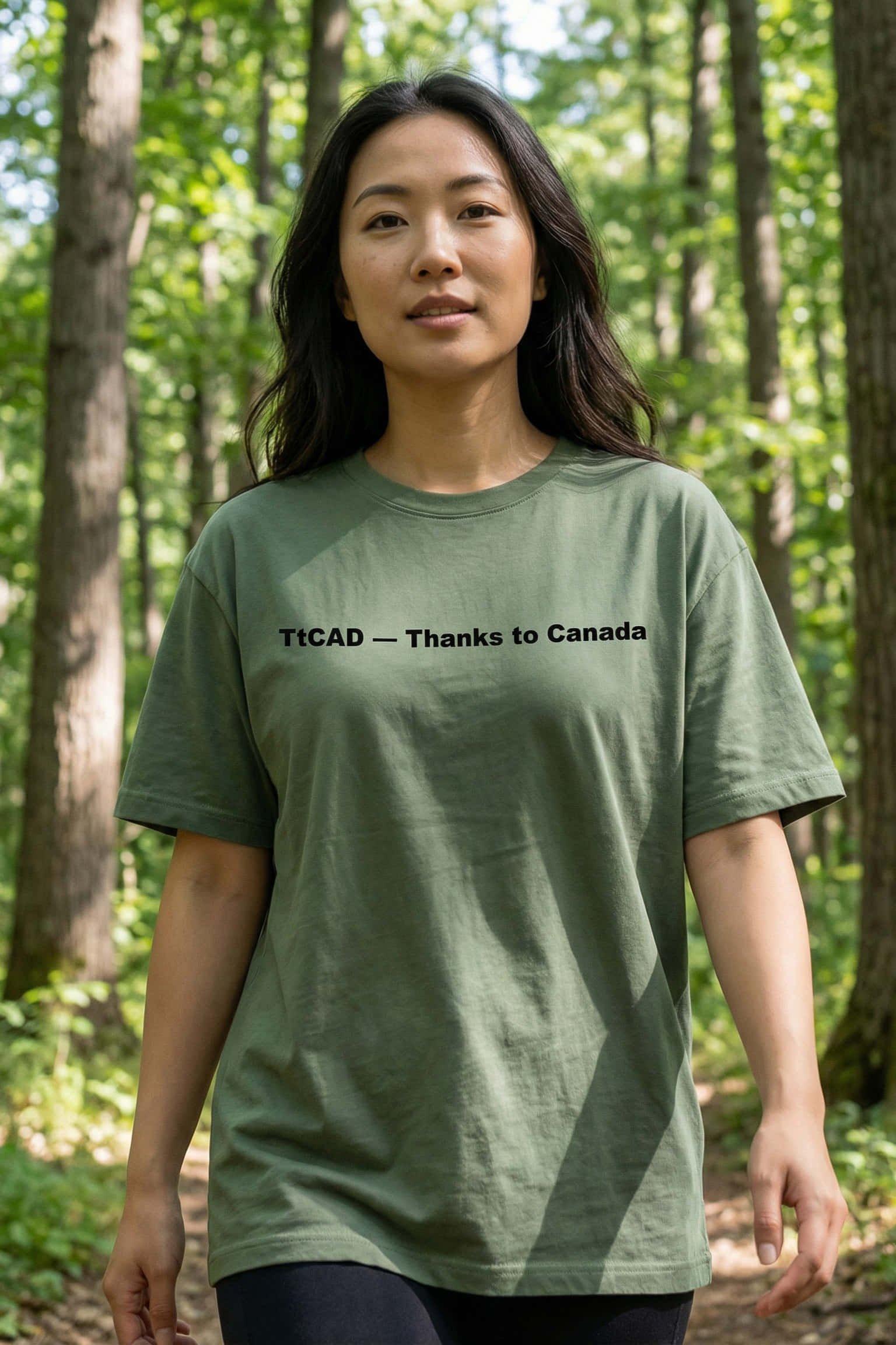 Relaxed woman hiking in the woods wearing thanks to Canada honoring natural beauty, perfect outdoor gift