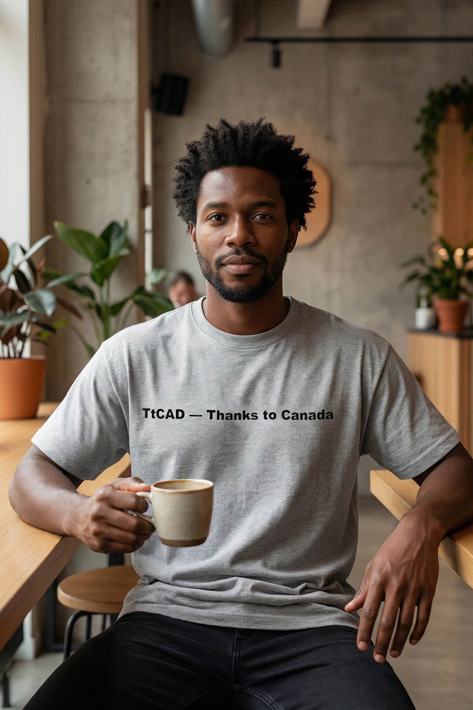 Calm man sitting in a cafe wearing thanks to Canada remembering unforgettable memories, an ideal traveler gift.
