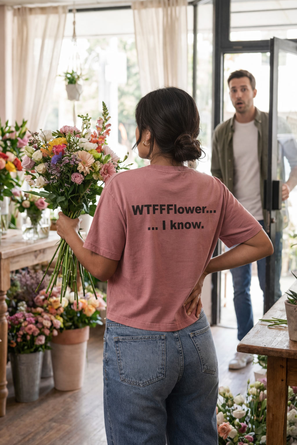 Confident woman walking into a shop in the WTFFFlower I know tee embracing a liberating self-awareness.