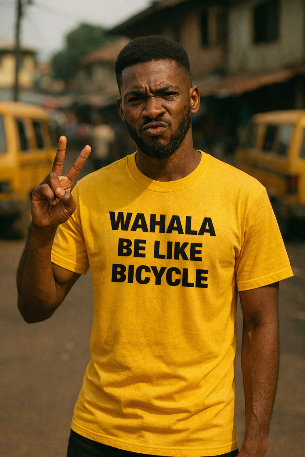 Confident guy show peace sign wear wahala be like bicycle shirt to walk away from drama.