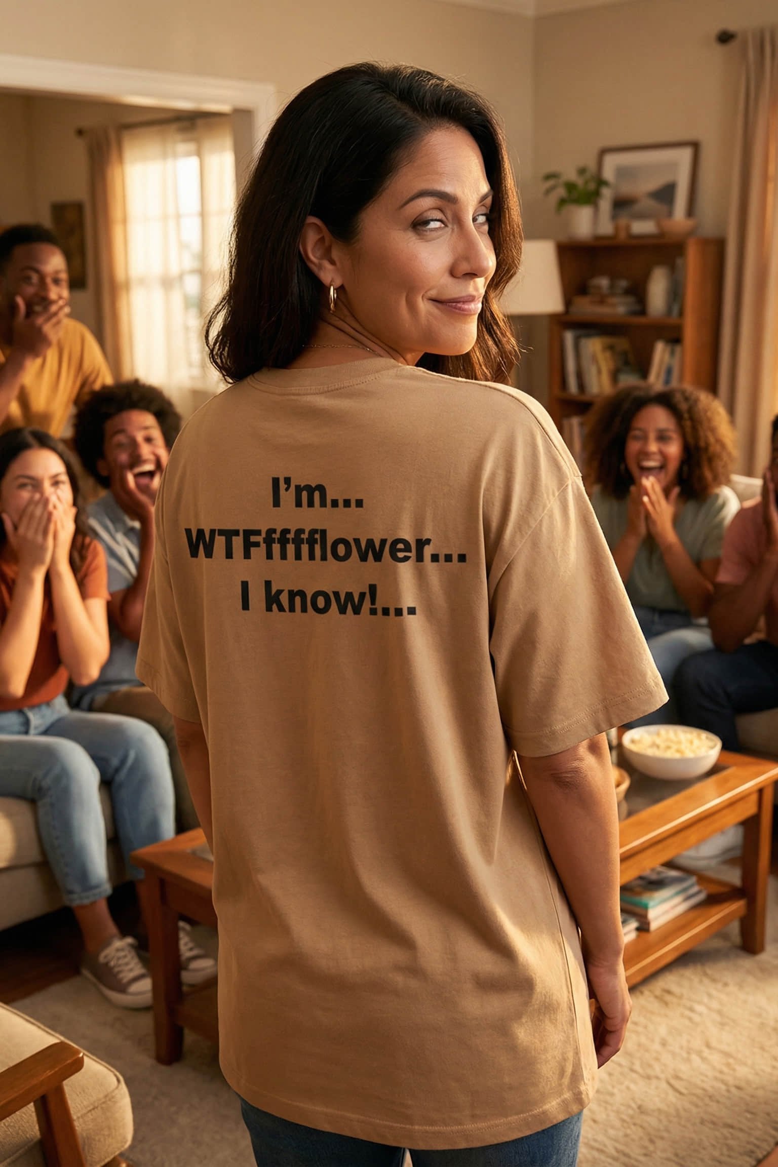 Happy woman at a party wearing I'm WTFfffflower I know embracing beautifully chaotic energy, perfect friend gift.