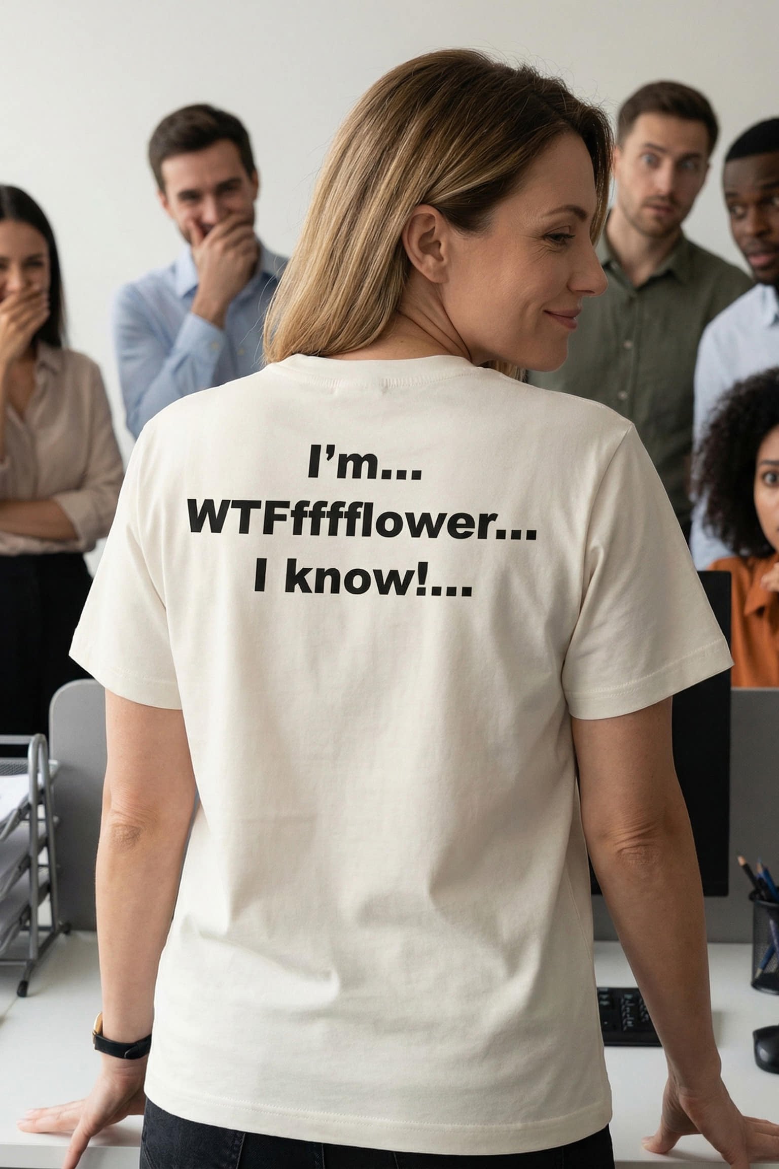 Confident woman in an office wearing I'm WTFfffflower I know standing out vibrantly, perfect gift for coworkers.