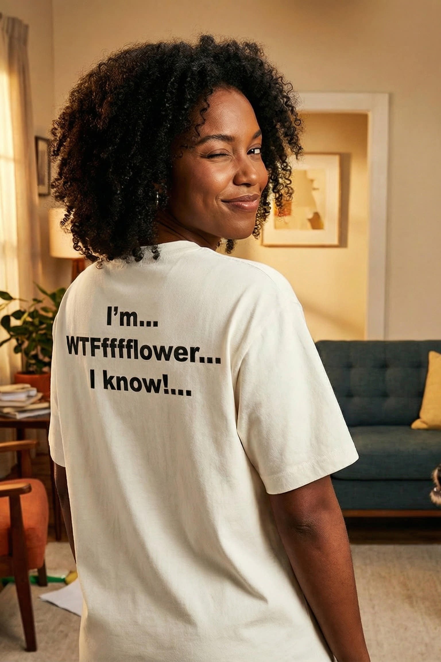 Smirking woman in a living room wearing I'm WTFfffflower I know enjoying the wild ride, perfect gift.