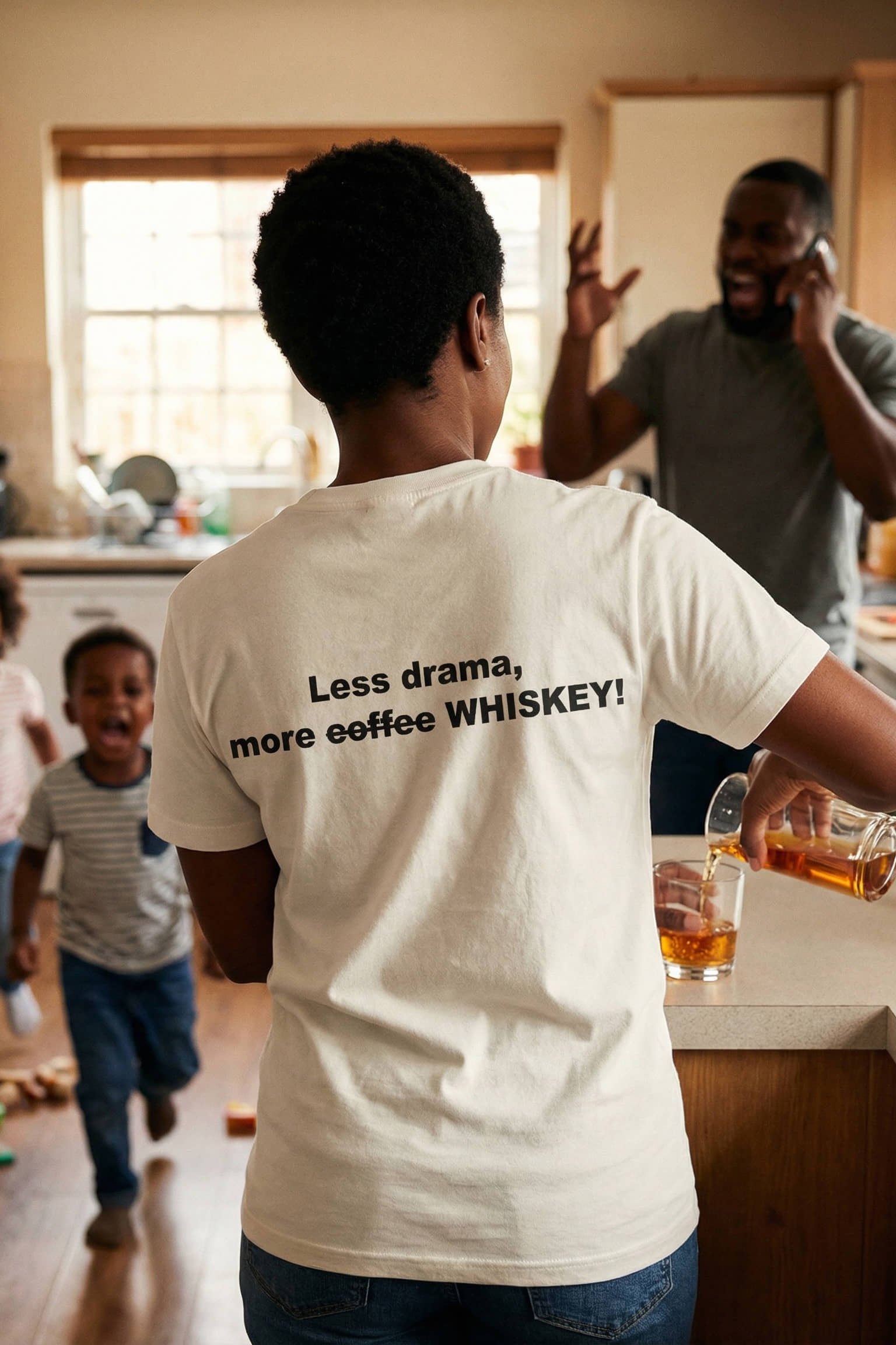 Mother in a chaotic kitchen wearing less drama more coffee whiskey switching gears and unwinding, perfect gift.