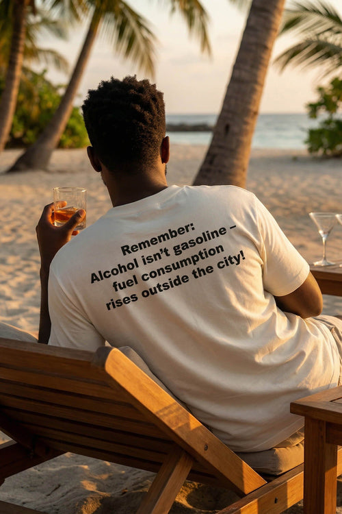 Relaxed man on a beach wearing alcohol isn't gasoline celebrating the present, perfect gift for vacationers.