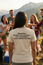 Happy woman at a campsite wearing alcohol isn't gasoline sharing laughter outdoors, perfect gift for friends.