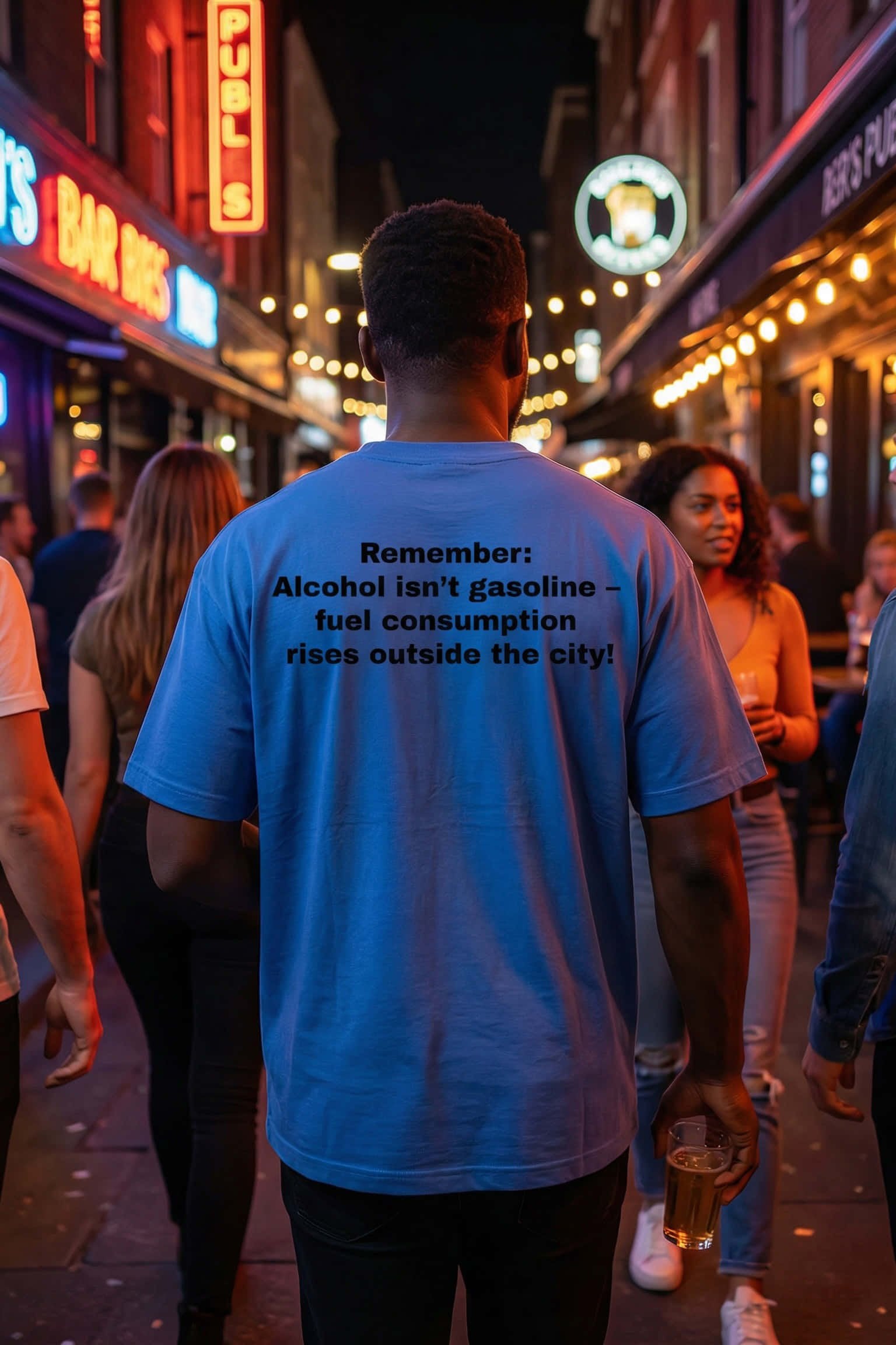 Confident man walking at night wearing alcohol isn't gasoline making evenings last longer, perfect friend gift.