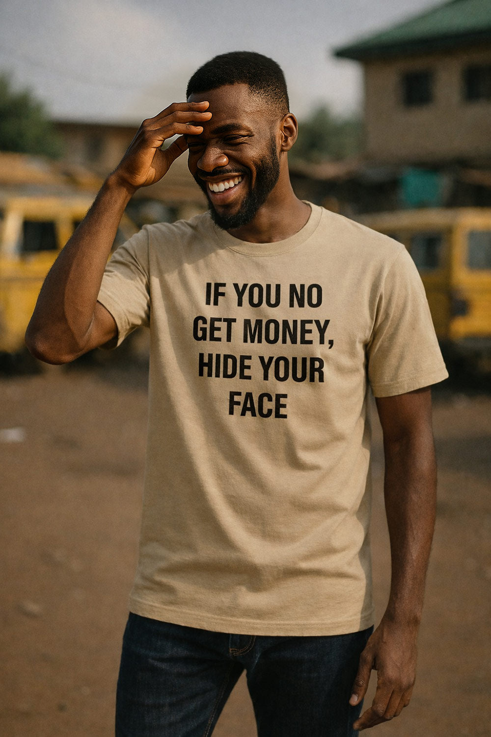 Laughing man touch head wear if you no get money hide your face shirt as perfect gift.