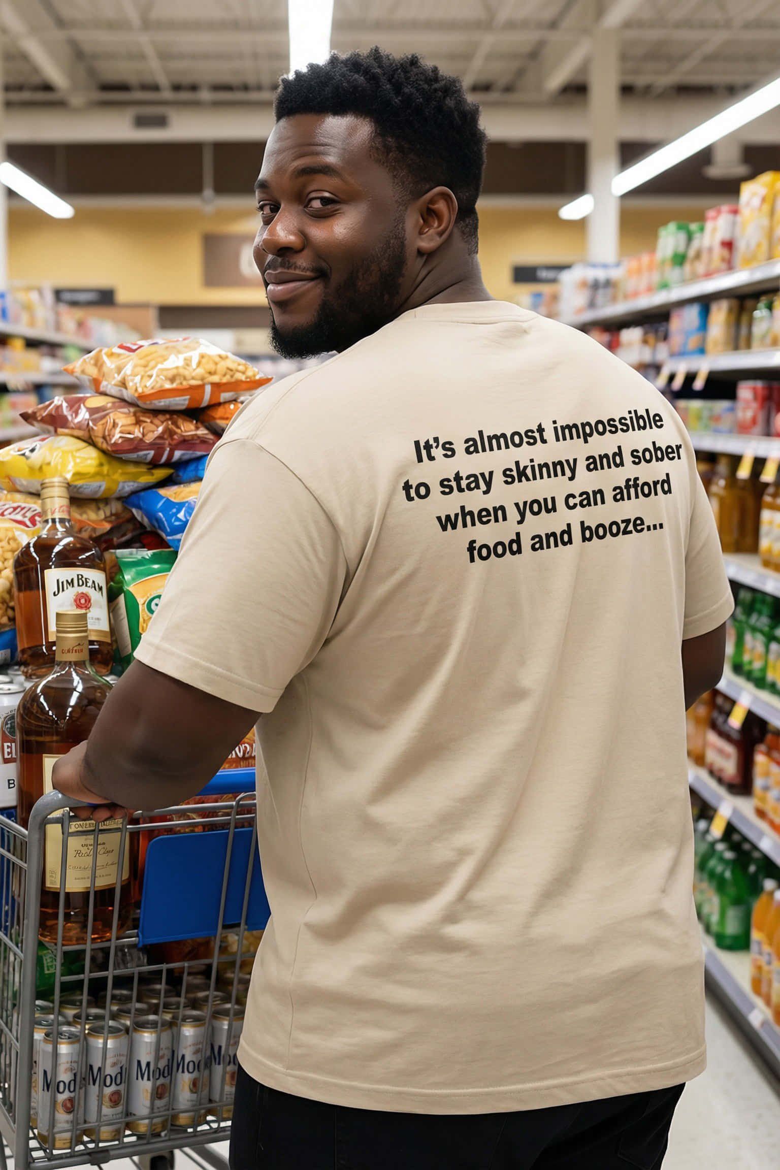 Smiling man shopping for groceries wearing almost impossible to stay skinny and sober treating himself, perfect gift.