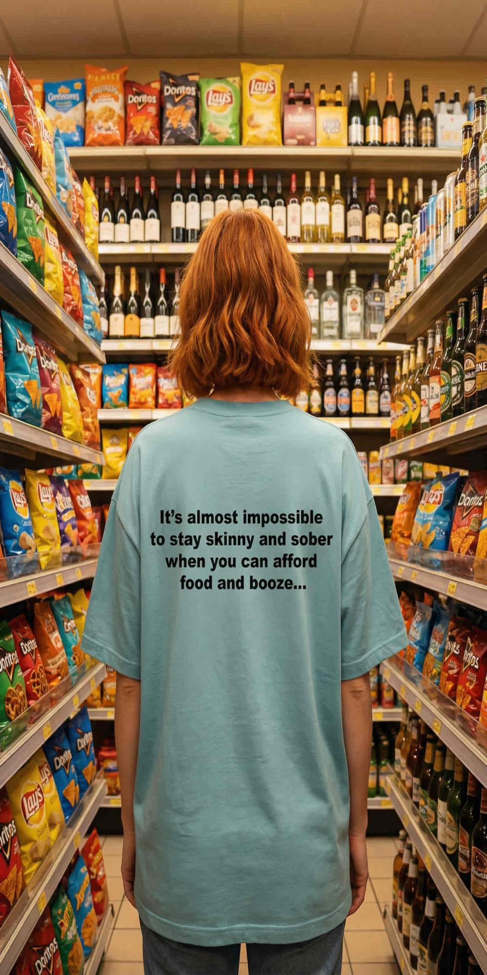 Woman in a supermarket aisle wearing almost impossible to stay skinny and sober celebrating life, perfect gift.