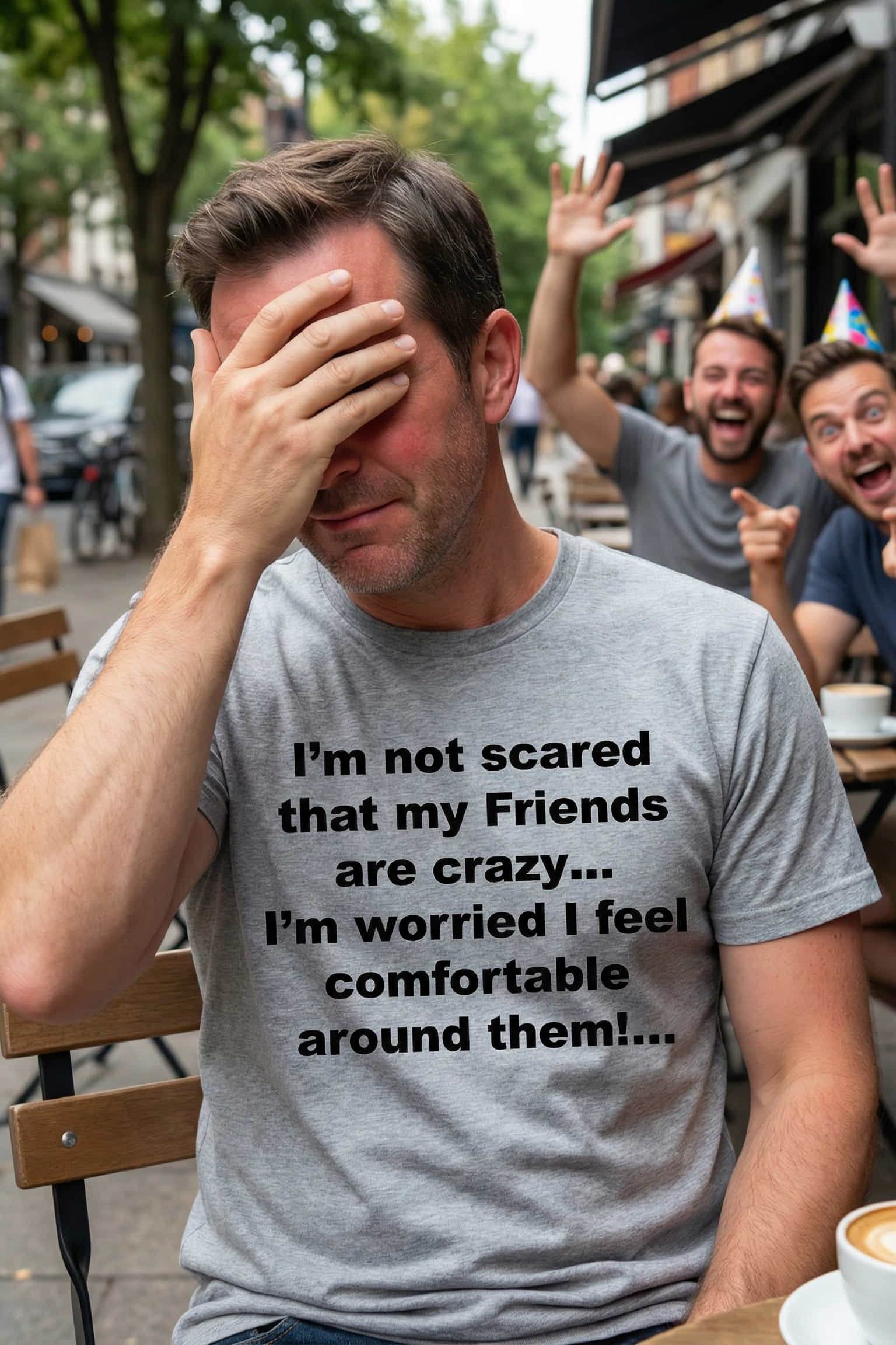 Man at a cafe wearing I'm not scared that my friends are crazy embracing chaos, perfect gift.