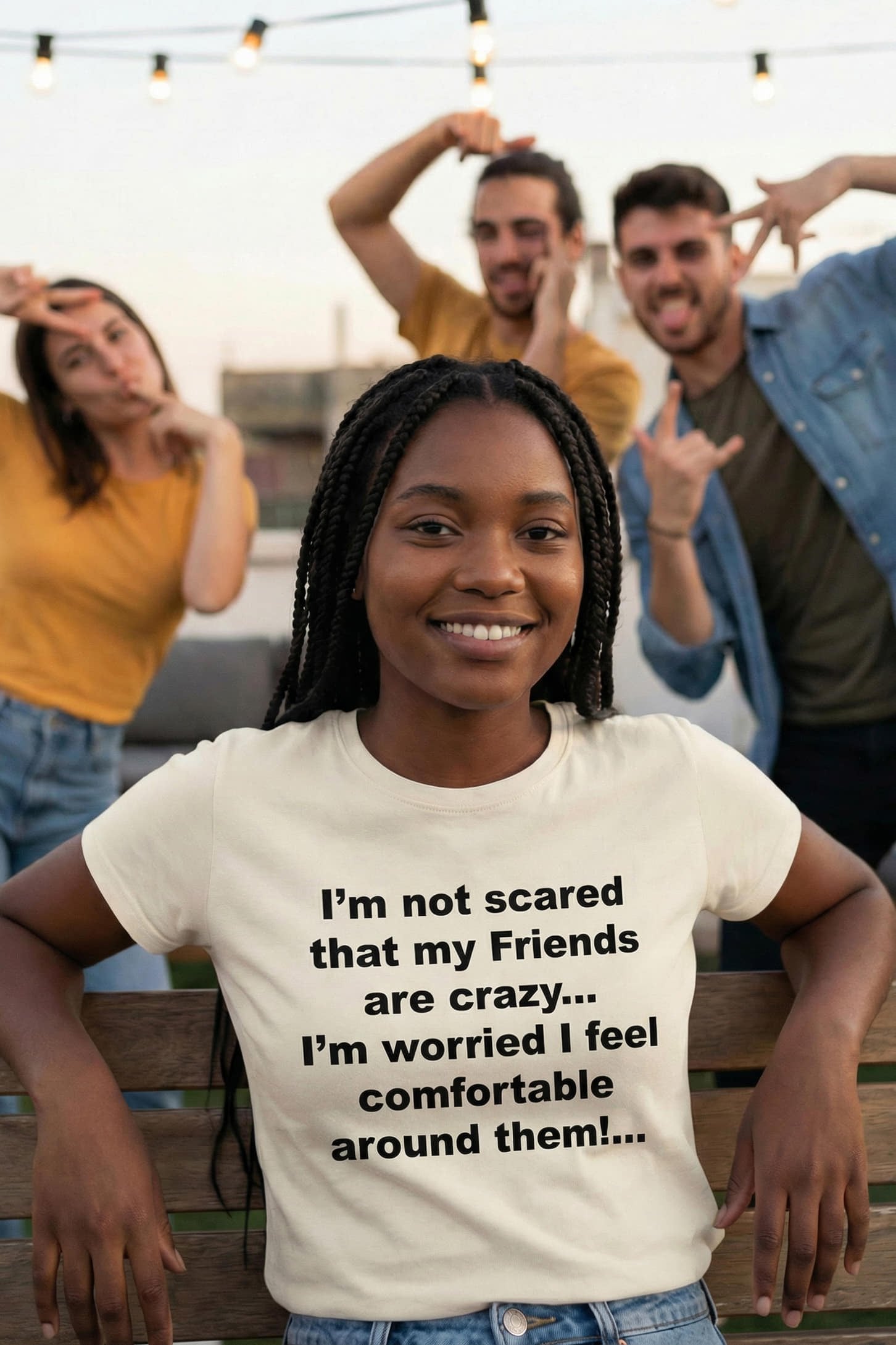Happy woman resting outside wearing I'm not scared that my friends are crazy forming bonds, perfect gift.