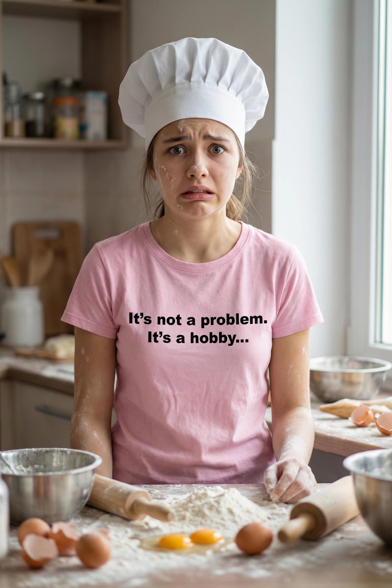 Distressed baker in a messy kitchen wearing it's not a problem it's a hobby, perfect friend gift.