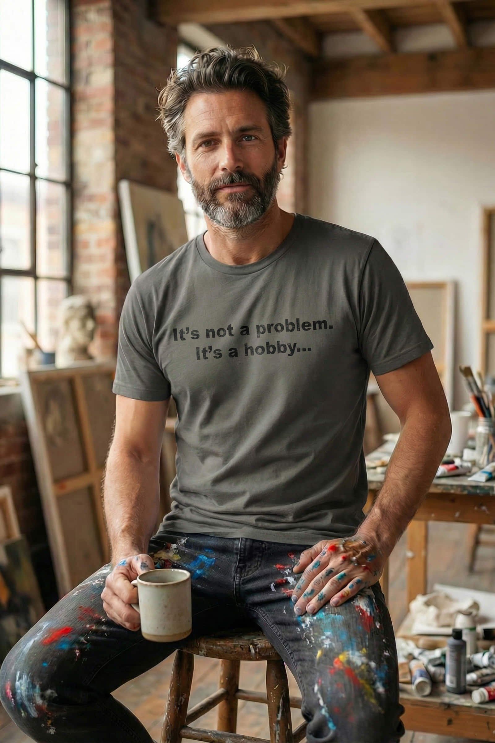 Creative artist covered in paint wearing it's not a problem it's a hobby embracing chaos, ideal gift.