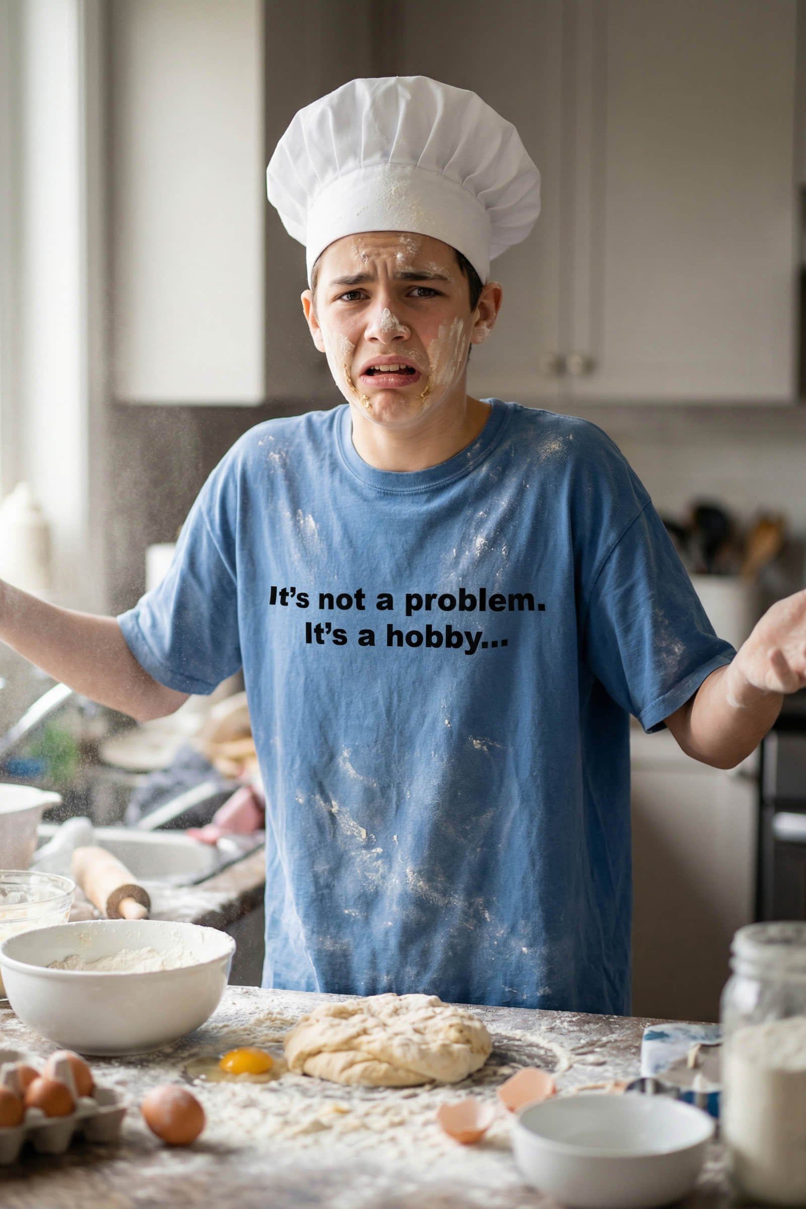 Confused teen cooking wearing it's not a problem it's a hobby embracing a messy obsession, perfect gift.