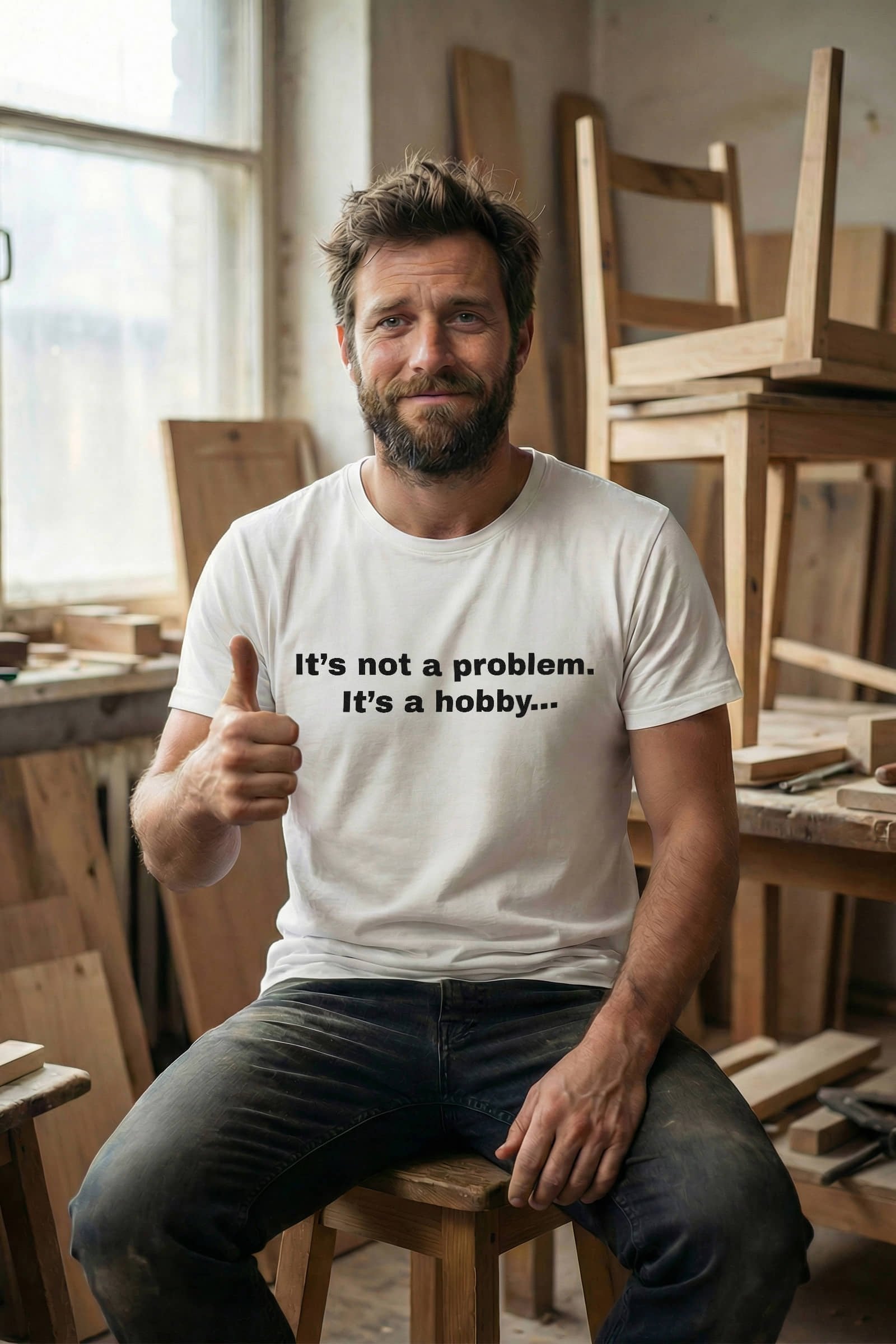 Smiling woodworker giving thumbs up wearing it's not a problem it's a hobby finding joy, perfect gift.