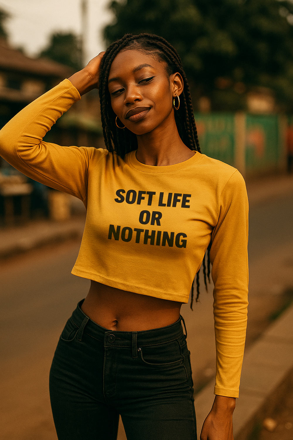 Fine girl touch hair wear soft life or nothing crop top because she no go settle for less.