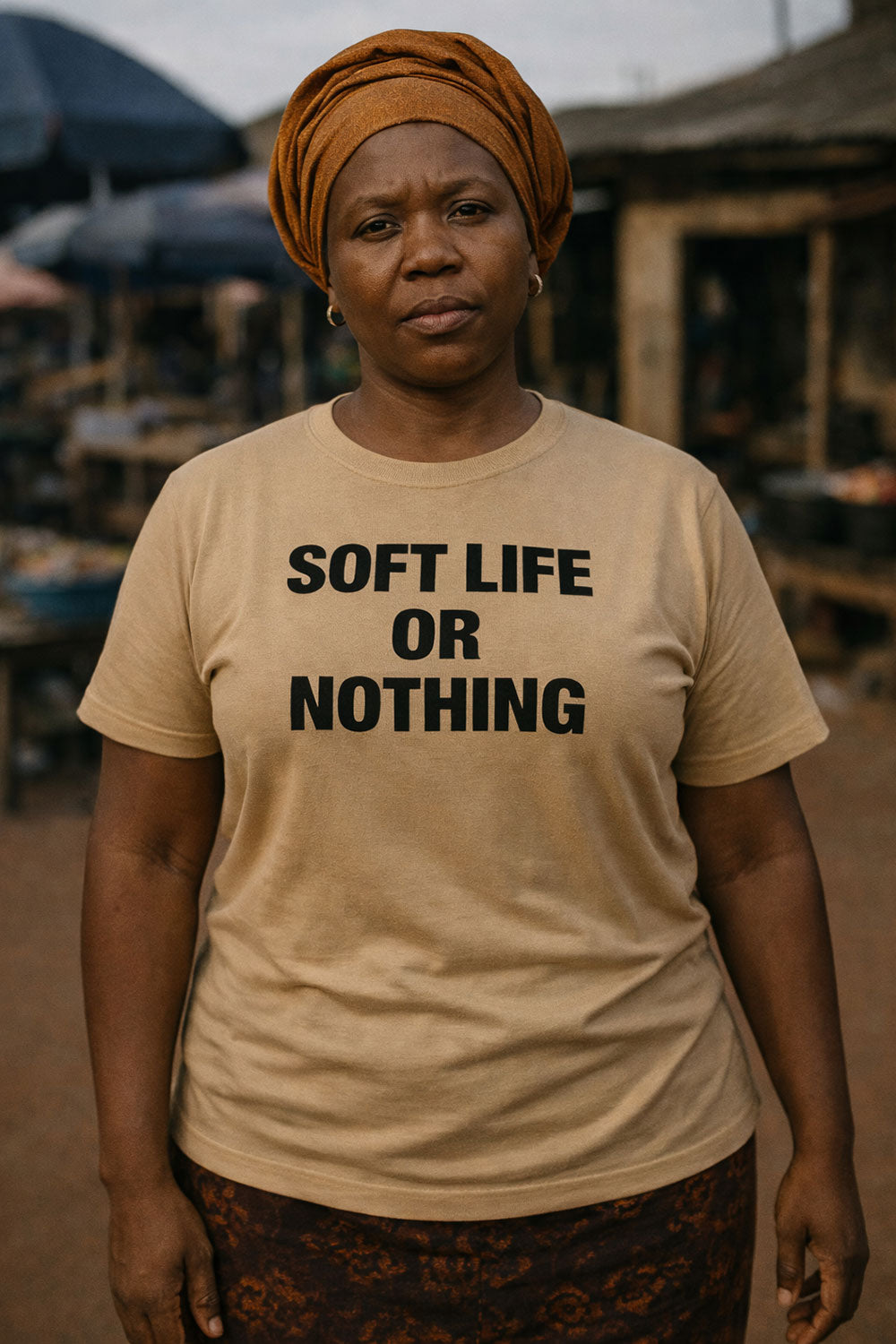 Older woman stand wear soft life or nothing top as perfect gift to treat yourself well.