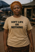 Older woman stand wear soft life or nothing top as perfect gift to treat yourself well.