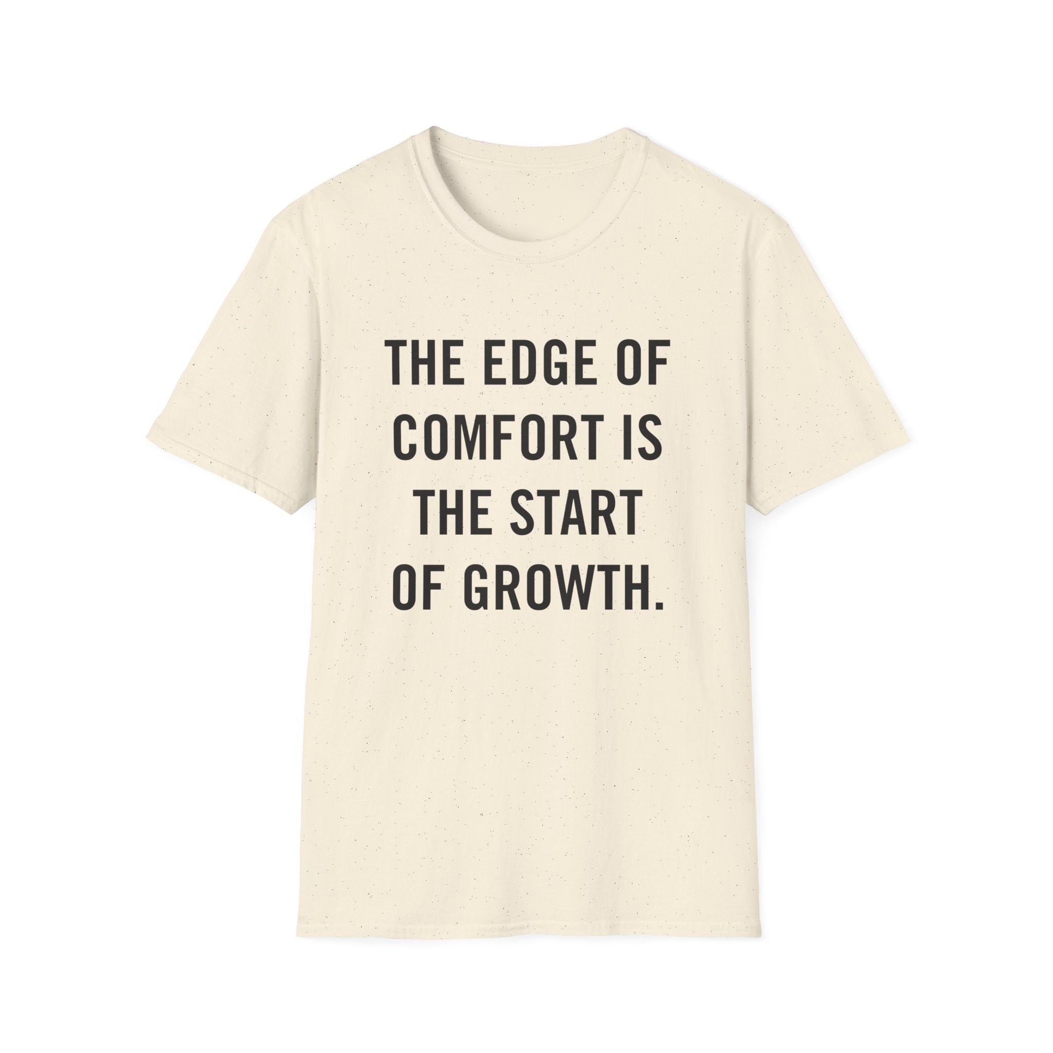 Minimalist flat lay of THE EDGE OF COMFORT IS THE START OF GROWTH. premium cream shirt; high-quality fabric detail for a luxury motivational gift