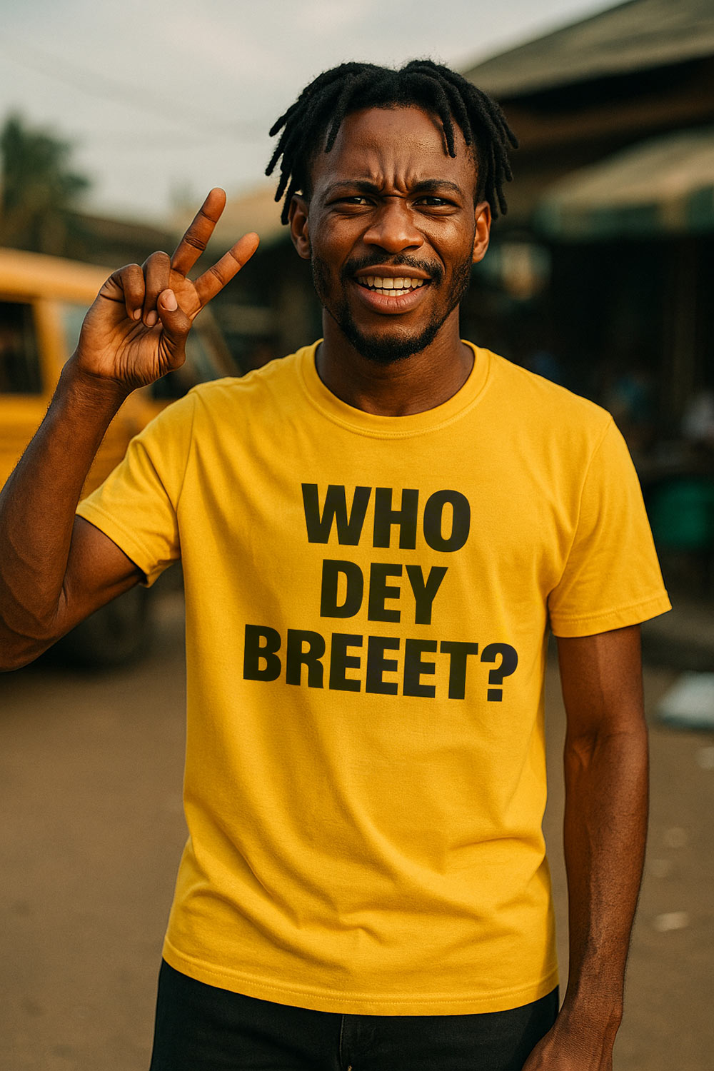 Smiling man show peace sign wear who dey breeet shirt because success go make haters surprise.