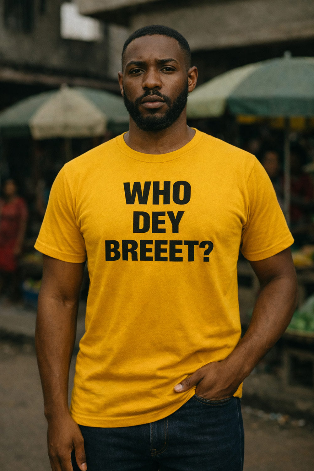 Serious guy stand outside wear who dey breeet tee because true achievement no need any introduction.