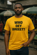 Serious guy stand outside wear who dey breeet tee because true achievement no need any introduction.