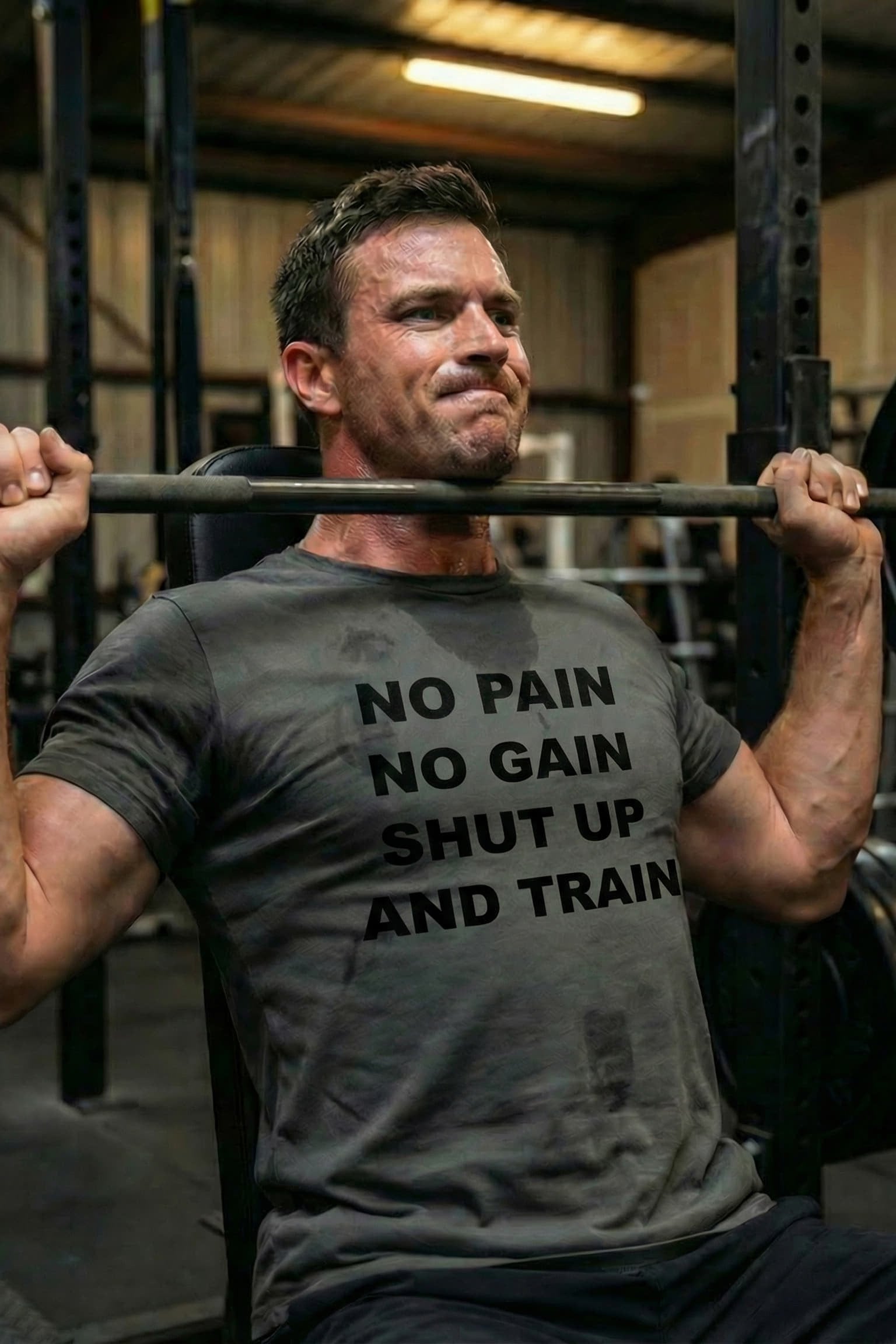 Athlete lifting wearing no pain no gain shut up and train finding singular focus for him.