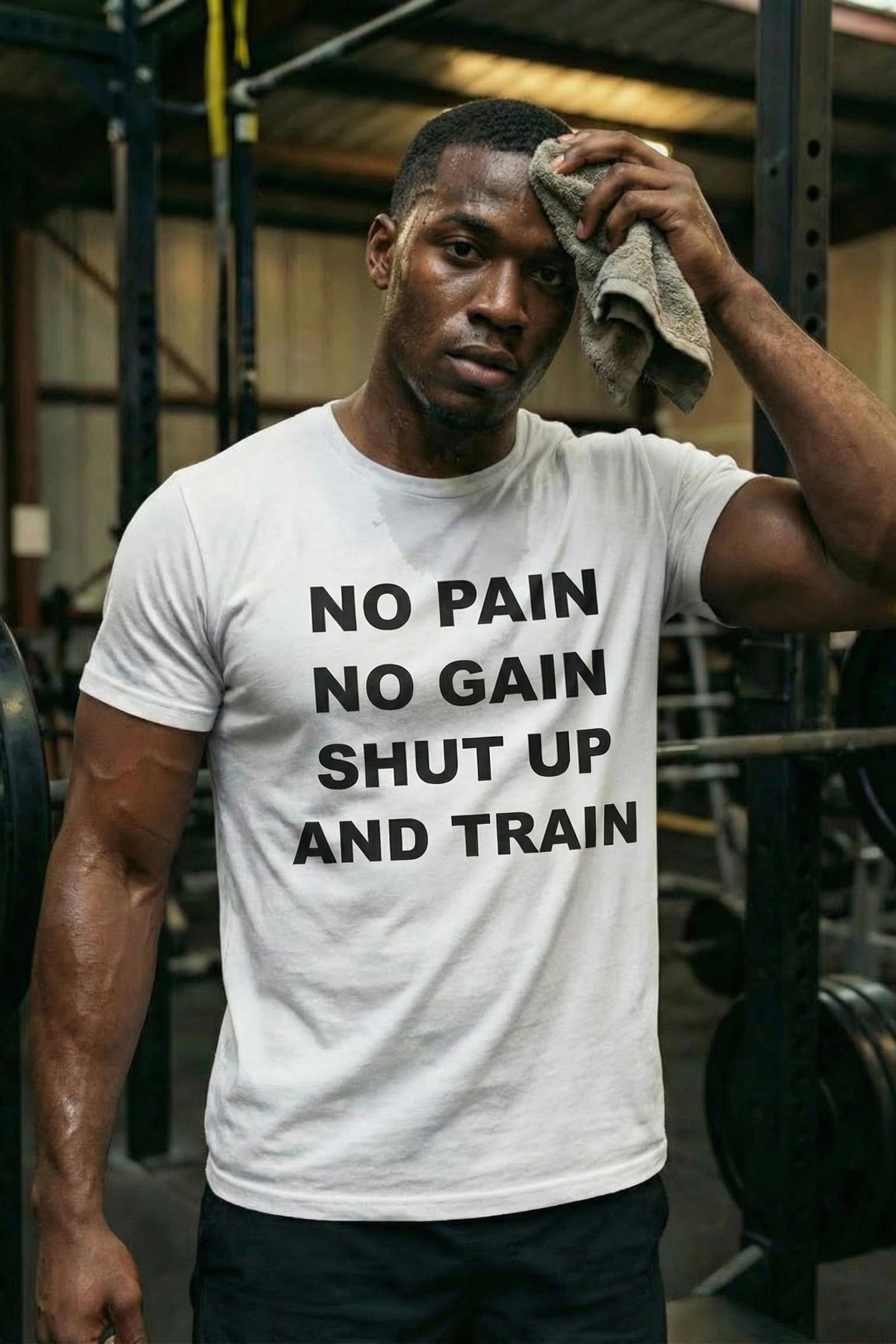 Man wiping sweat wearing no pain no gain shut up and train building resilience for him.