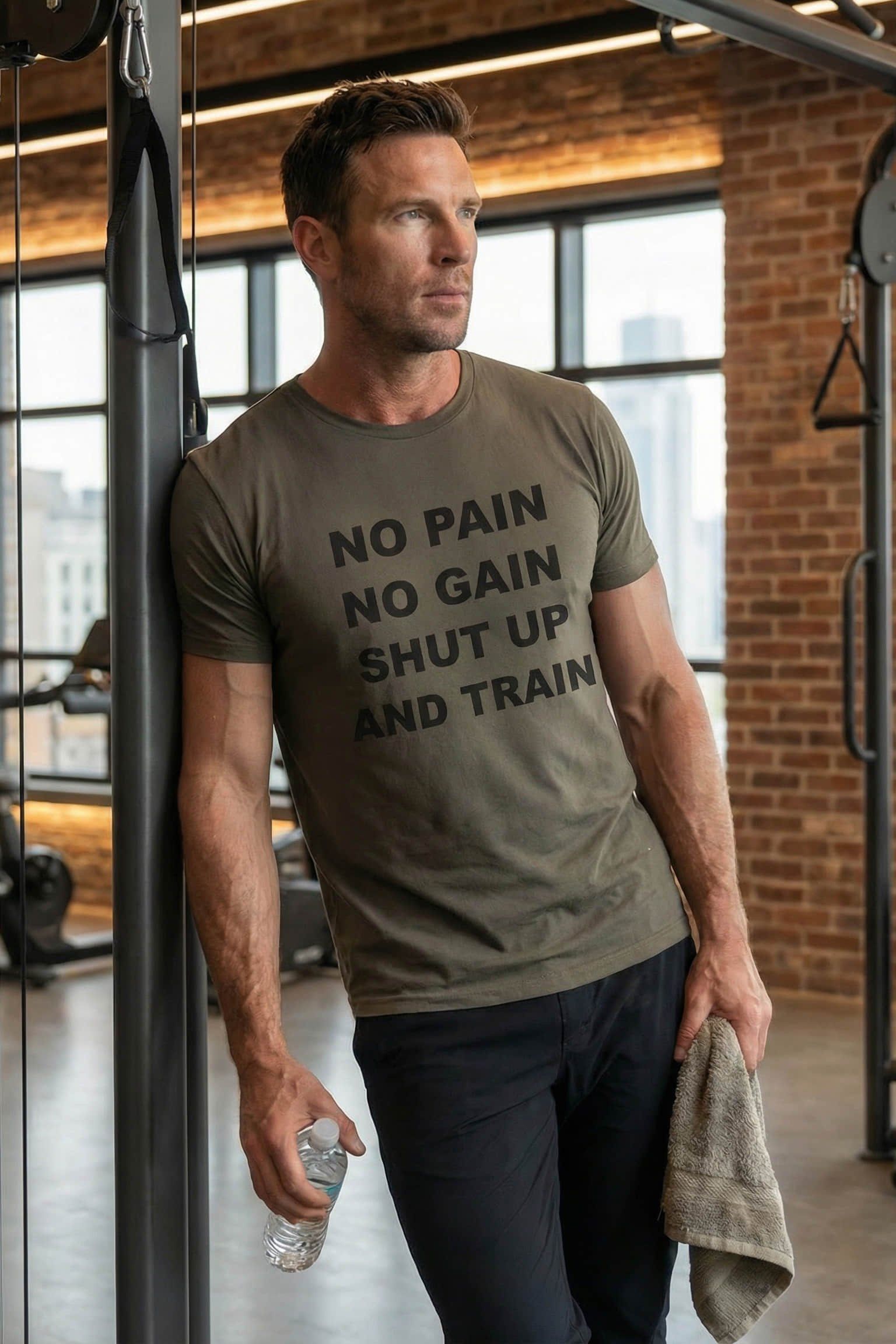 Guy leaning wearing no pain no gain shut up and train carving out mental space for him.