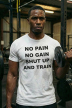 Man curling wearing no pain no gain shut up and train keeping quiet promises for dad.