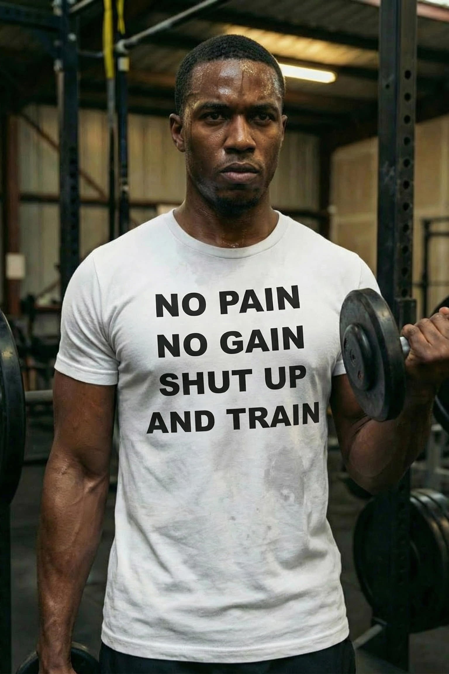 Man curling wearing no pain no gain shut up and train keeping quiet promises for dad.