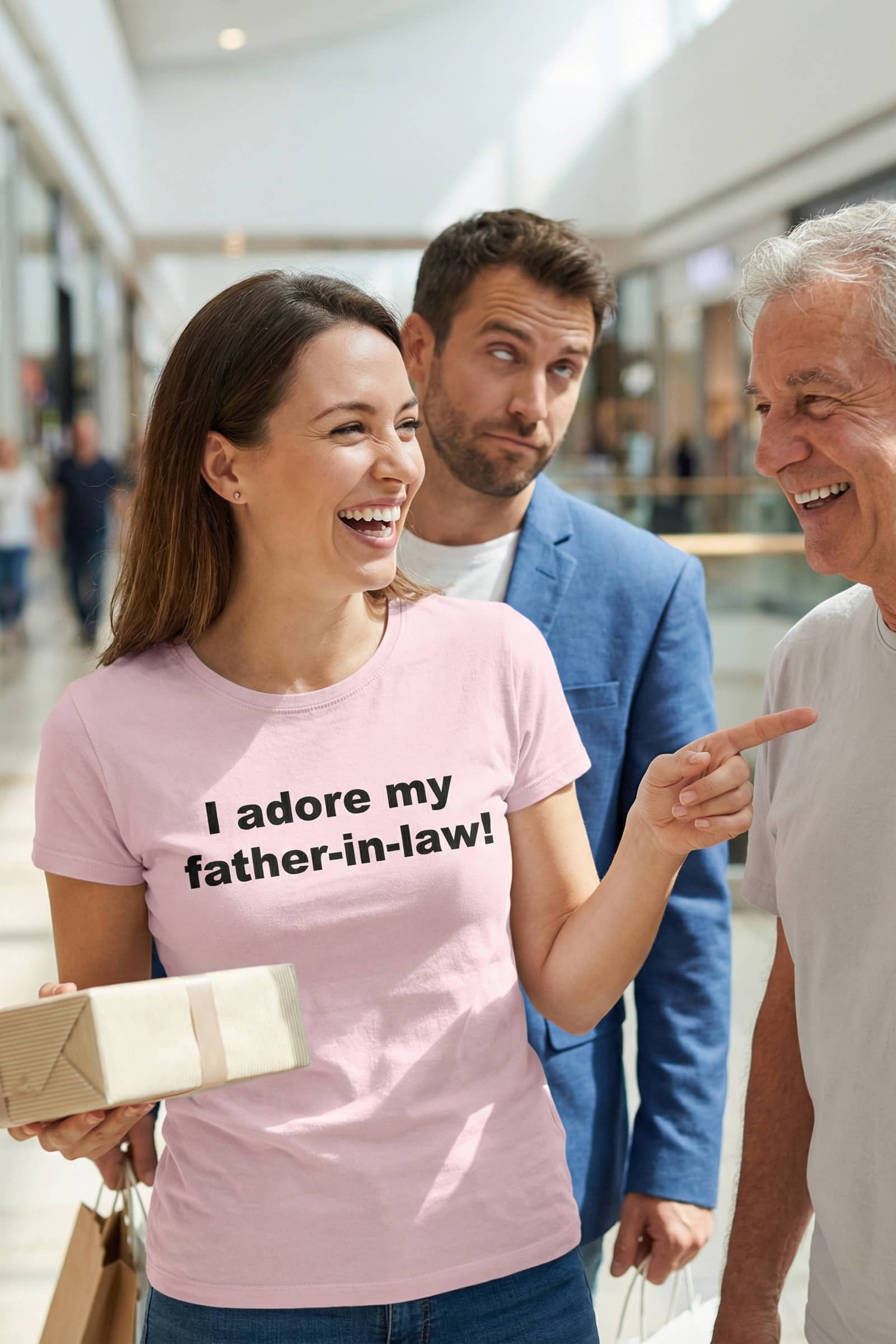 Woman pointing wearing I adore my father-in-law! discovering unexpected joys as a perfect family gift.