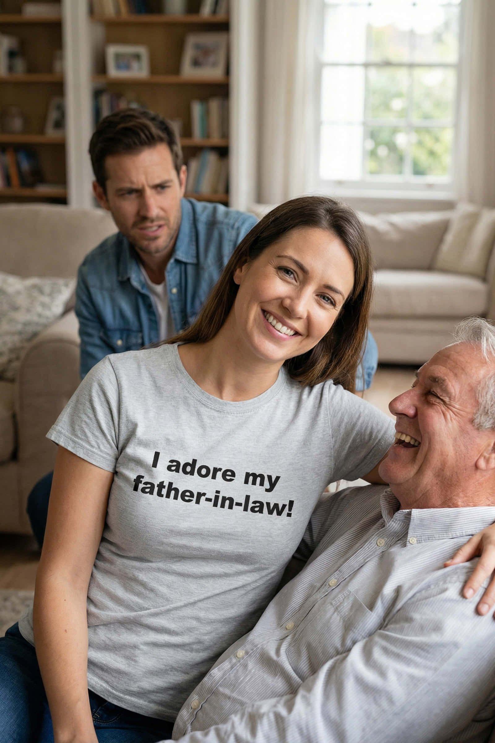 Woman relaxing wearing I adore my father-in-law! building genuine bonds as a perfect family gift.