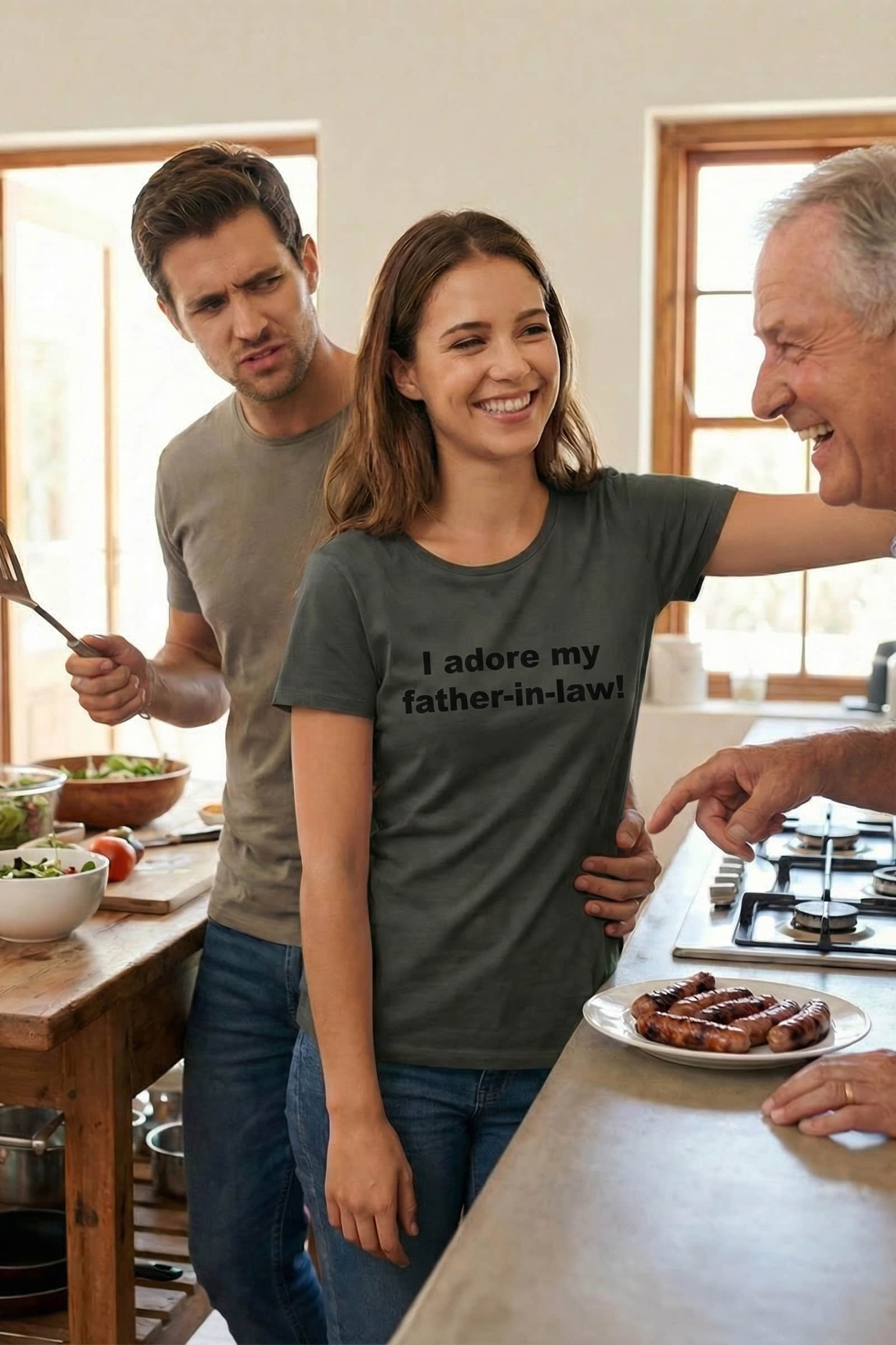 Woman grilling wearing I adore my father-in-law! anchoring happy homes as a perfect family gift.