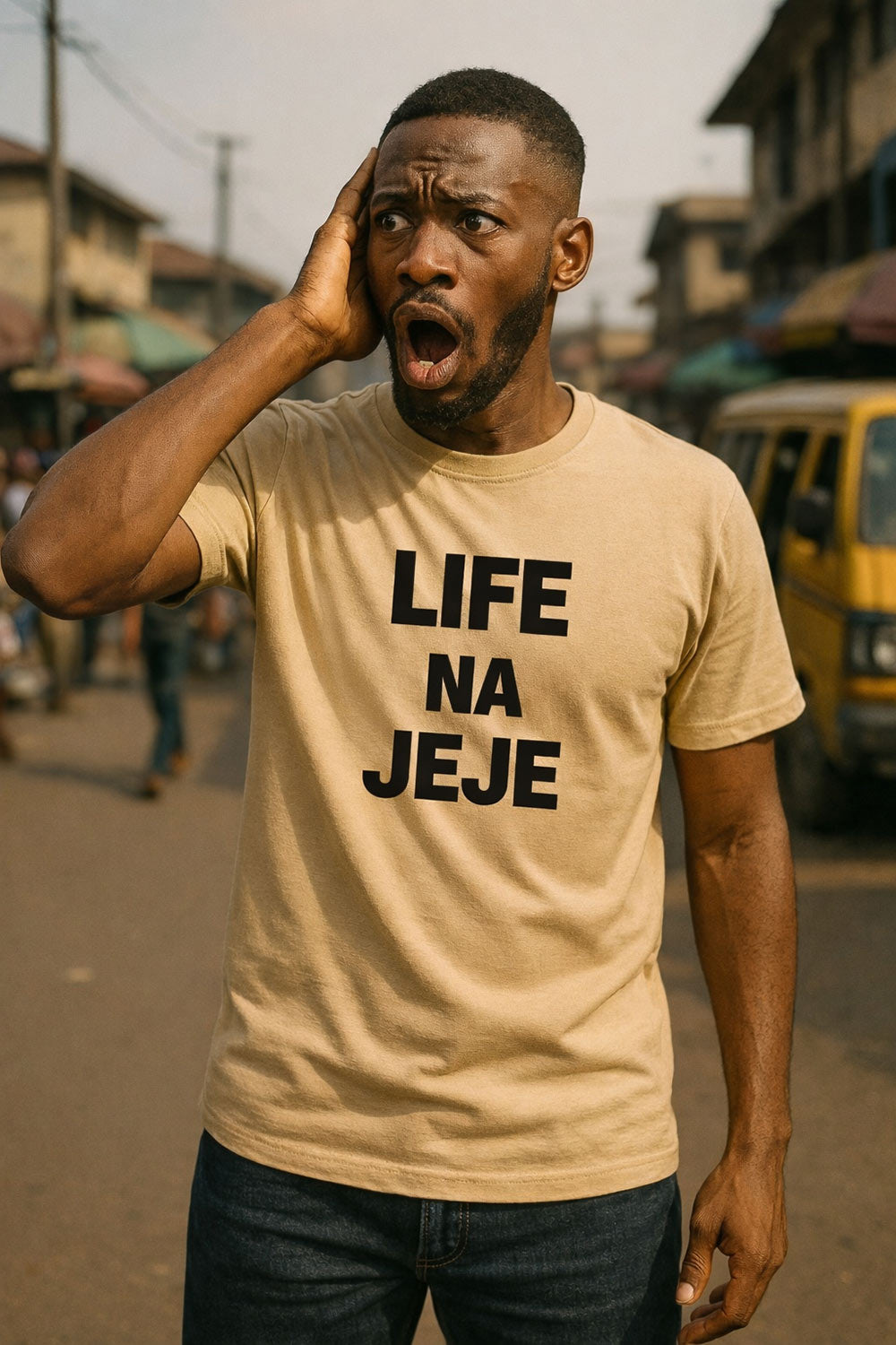 Surprised young man touch head wear life na jeje shirt because rushing no dey solve problem today.