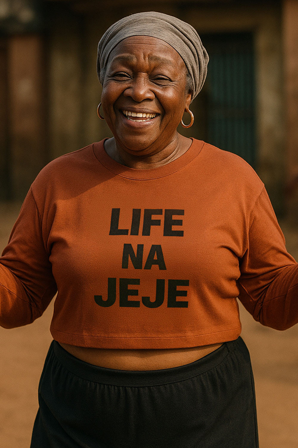 Happy older woman smile wear life na jeje crop top as thoughtful gift for your loved ones.