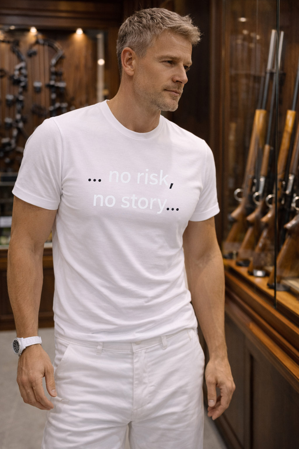 Casual lifestyle shot of man wearing no risk no story indoors transforming ordinary days into unforgettable chapters.