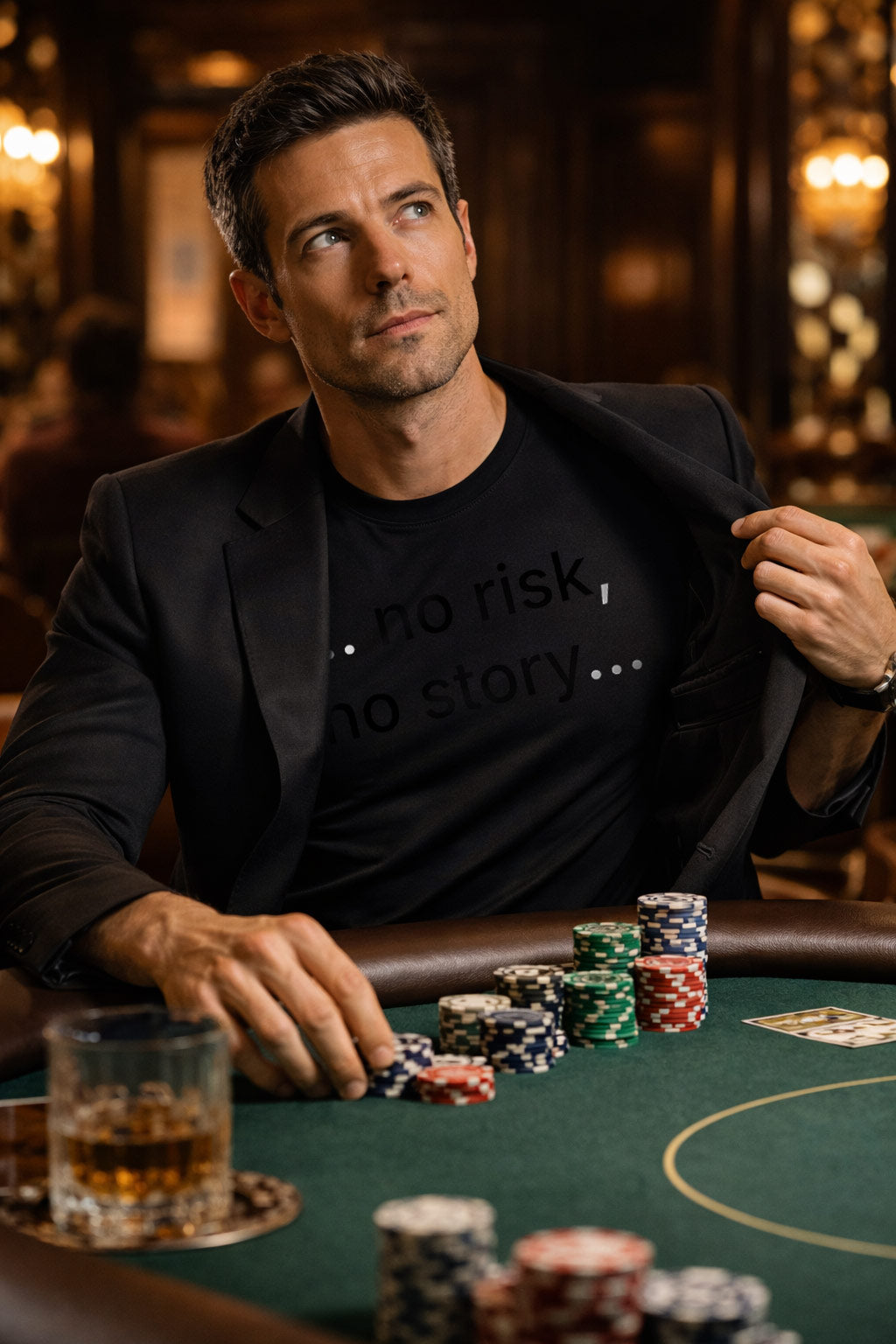 Relaxed woman wearing no risk no story finding peace in safe moments on a casino.