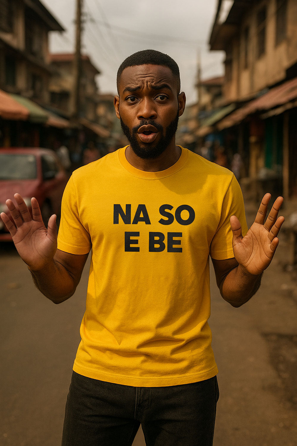 Surprised guy raise hands wear na so e be tee because person no fit control everything today.