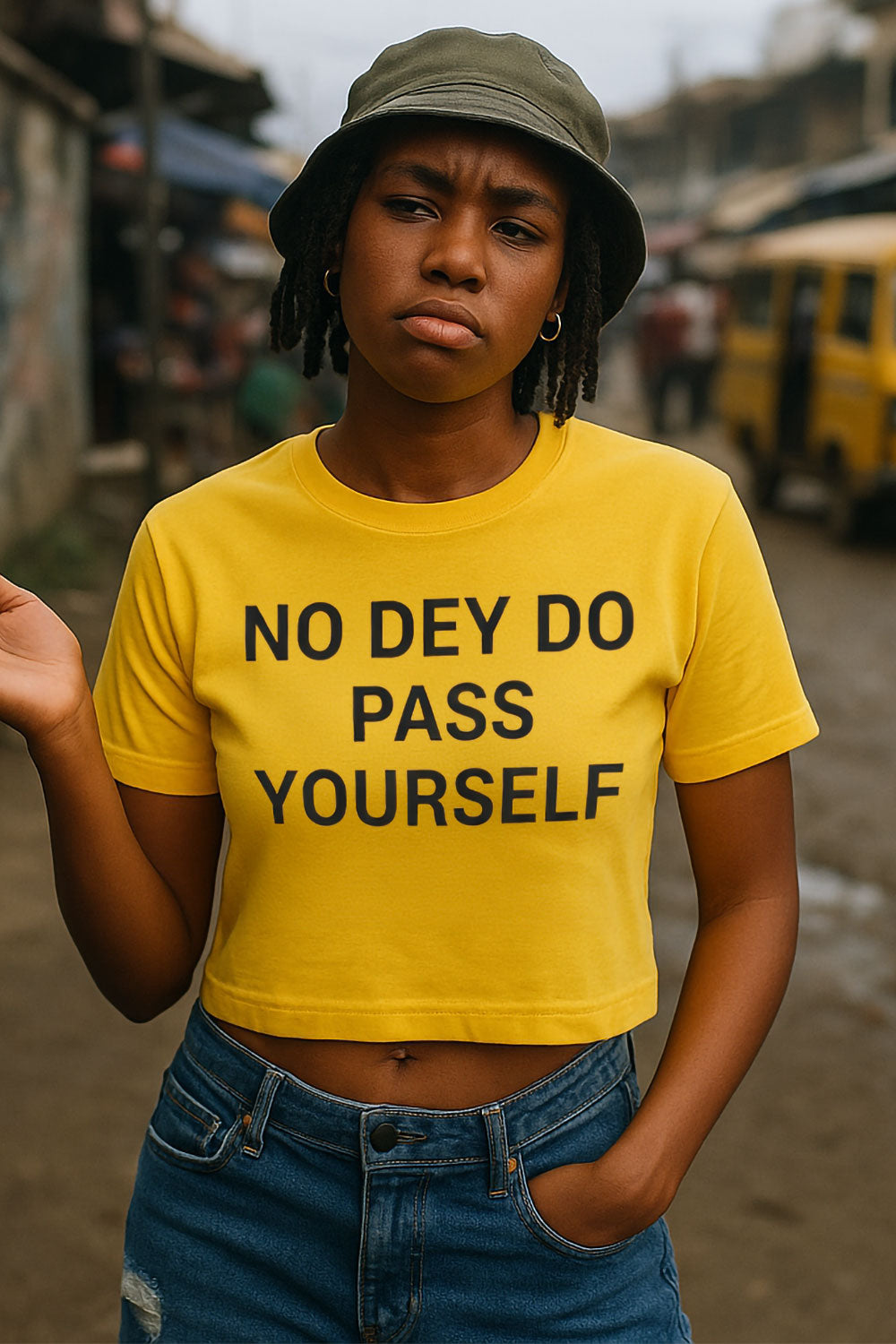 Fine girl wear no dey do pass yourself crop top to show her confident attitude for street.