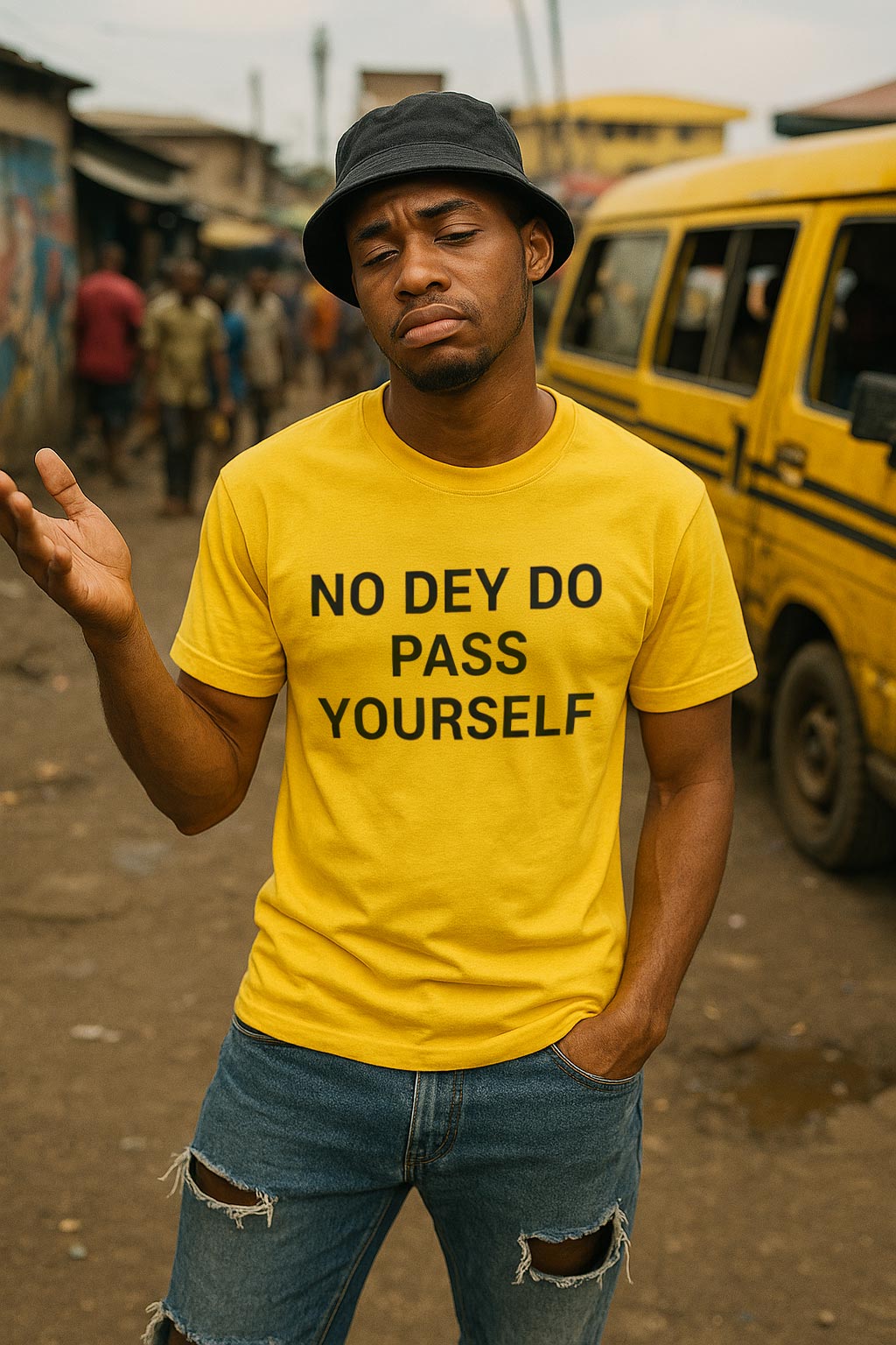 Close-up of guy gesturing as he wears no dey do pass yourself tee for authentic lifestyle.