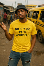 Close-up of guy gesturing as he wears no dey do pass yourself tee for authentic lifestyle.
