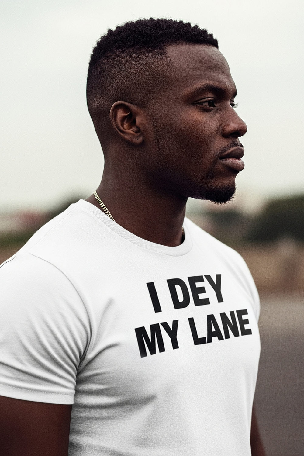 Serious man look side wear i dey my lane tee to avoid unnecessary competition with people.