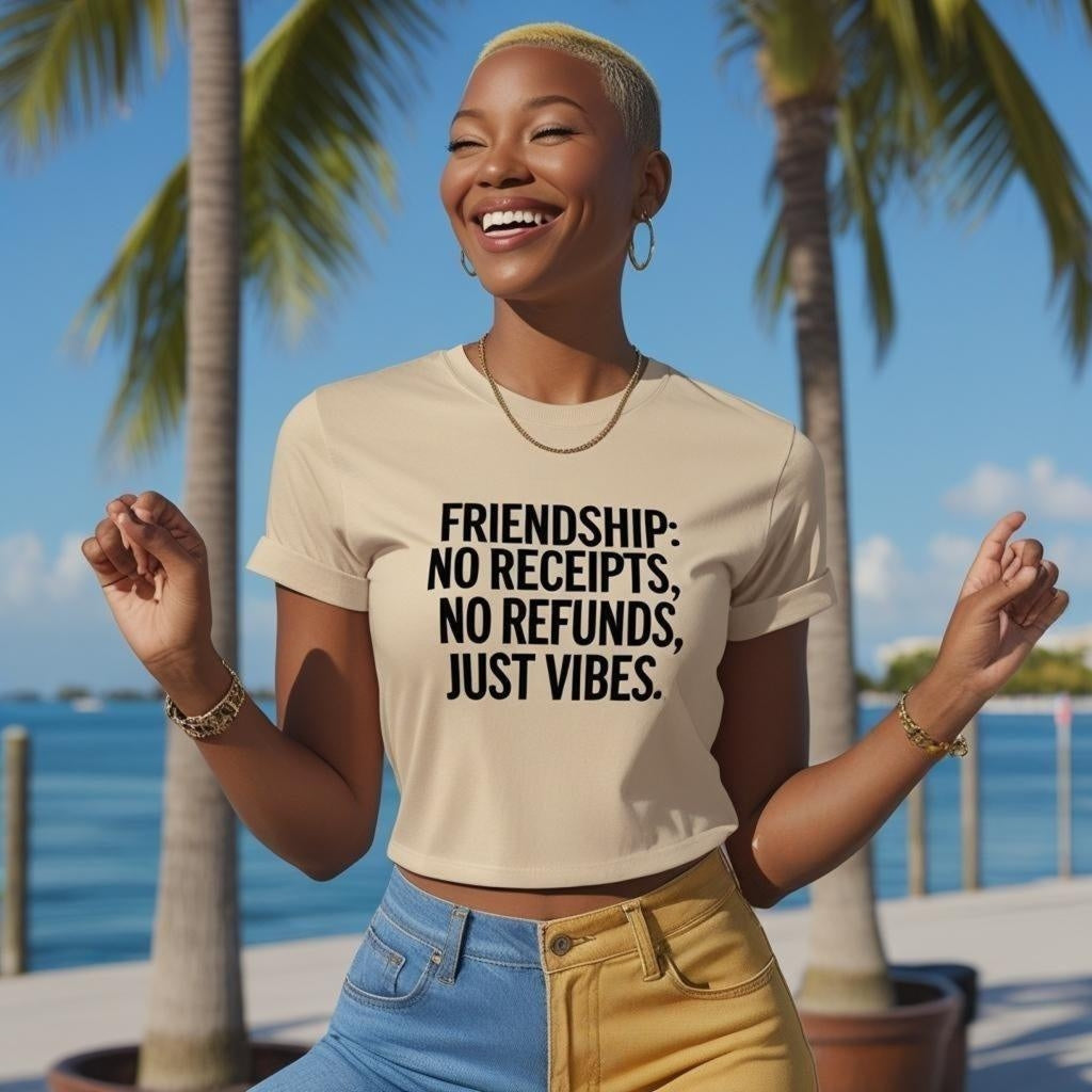 Premium TtCAD shirt with FRIENDSHIP: NO RECEIPTS, NO REFUNDS, JUST VIBES. slogan; a perfect thoughtful gift idea for a best friend or BFF