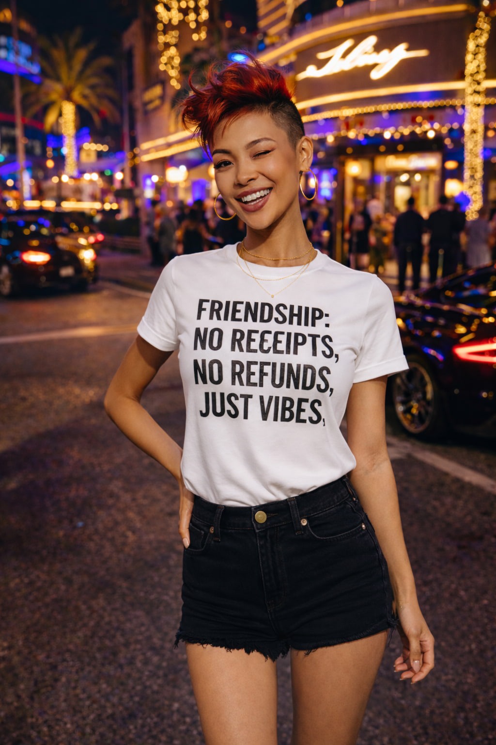 Urban night style: woman in FRIENDSHIP... shirt; unique birthday gift for a close friend to celebrate your shared vibes and memories