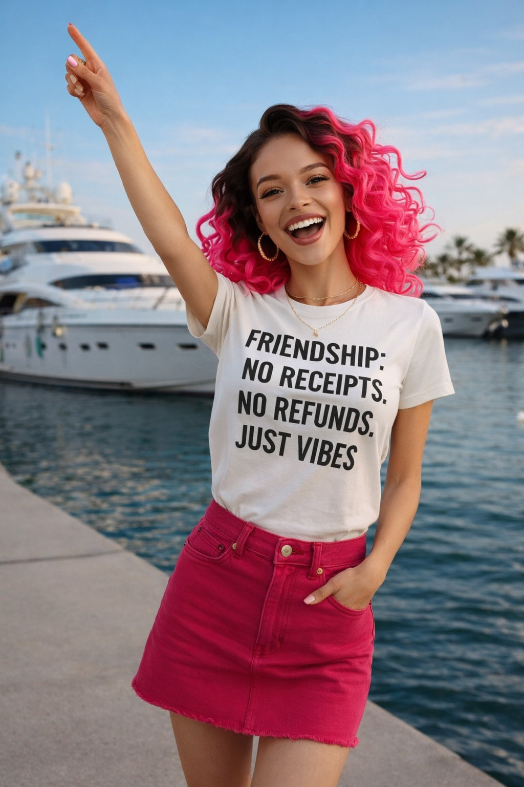 Luxury vacation look: FRIENDSHIP: NO RECEIPTS, NO REFUNDS, JUST VIBES. premium tee worn by a woman; great gift for a travel buddy or soulmate friend